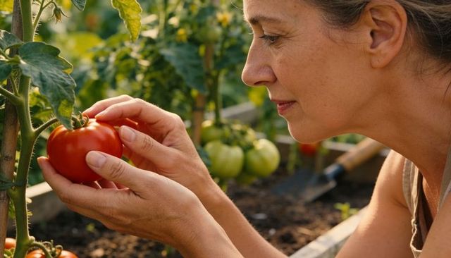 Close-up woman harvesting ripe tomato in sunlit raised garden bed, organic gardening