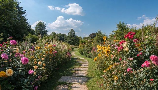 Winding stone path leading through colorful rose and sunflower borders under blue sky