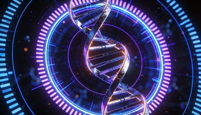 Rotating neon dna double helix holographic interface with futuristic hud data rings and techno glow