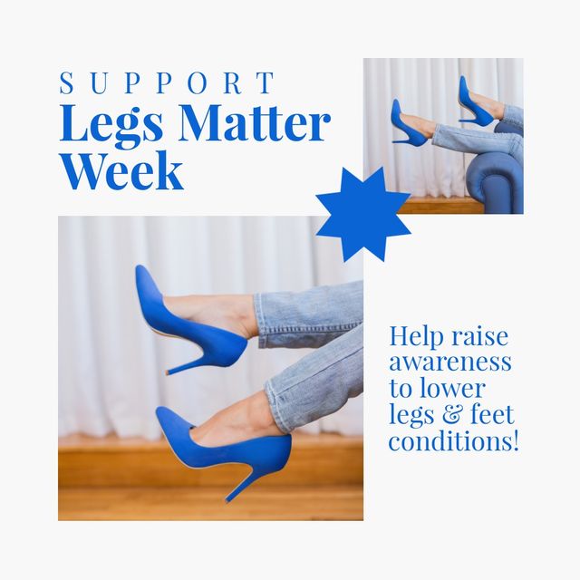 Image of legs matter week and legs in blue heels on sofa. Health, prevention and legs and feet condition concept.