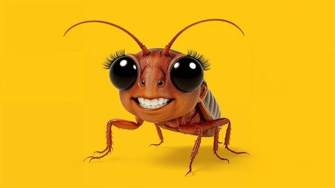 Cartoon Cockroach with Eyelashes Wearing a Smile on Yellow Background