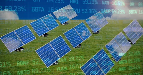 Solar Panels on Grass with Overlaid Financial Data Animation