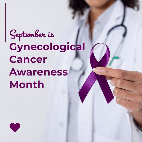 Concept of gynecological cancer awareness features female healthcare professional holding a symbolic purple ribbon. Words highlight September as the awareness month, aiming to educate and inform public about gynecological cancer issues. Suitable for educational campaigns, social media awareness, medical blogs, women's health promotions.