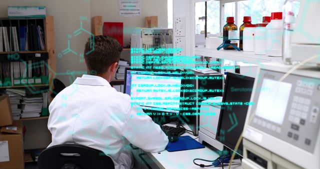 Scientist sits in modern laboratory wearing white coat, focused on computer screen with data codes and molecular structures overlay. Useful for depicting scientific research, high-tech laboratories, data analysis, and technological advancements in science. Ideal for articles on laboratory innovations, scientific research processes, and high-tech work environments.
