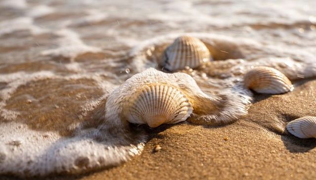 Foamy tide washing scallop shells on golden sand during warm sunset light