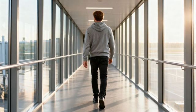 Traveler walking through glass jetway corridor at sunrise with stainless handrails