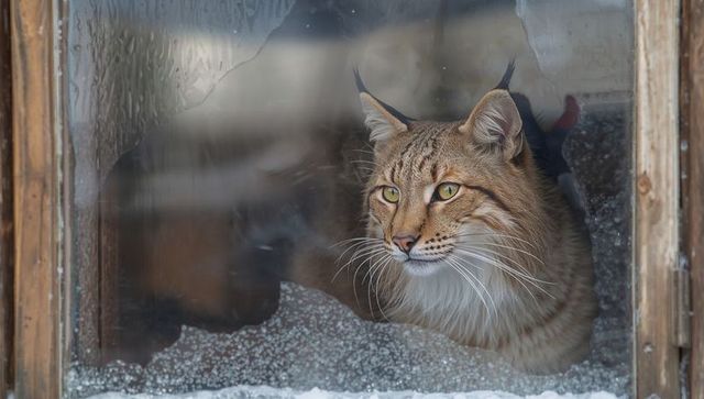 Lynx-like cat gazing through frosted cracked window in rustic room with snowy sill