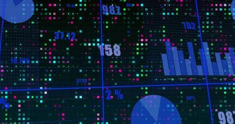 Neon Data Dashboard Displaying Dynamic Analytics Grid with Bar Chart Pie Chart Metrics