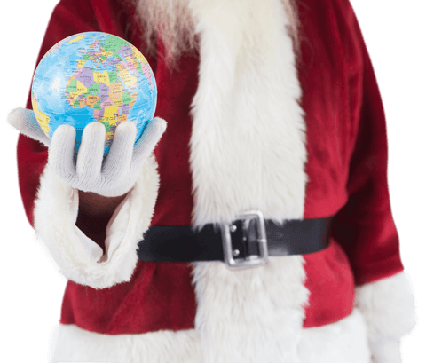 Santa Holding Transparent Globe Symbolizing Global Christmas Celebration
