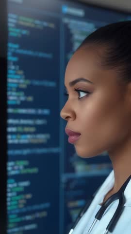 Female physician reviewing patient data on vertical monitor with blue code glow