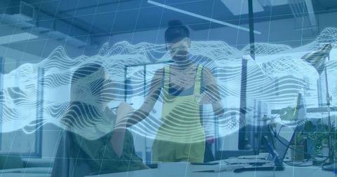 Woman Leading Augmented Reality Collaboration in Modern Office with Dynamic Data Wave