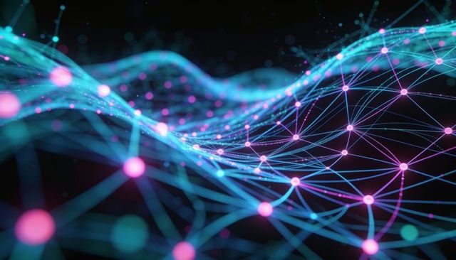 Neon neural network mesh wave with glowing nodes and flowing data filaments