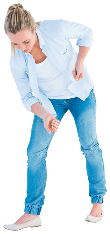 Caucasian Woman Pretending to Hold Shovel on Transparent Background