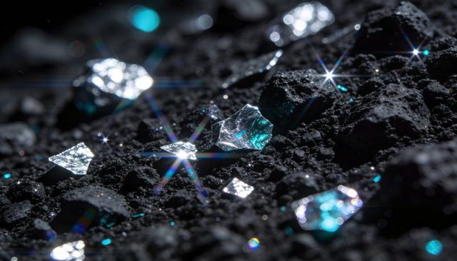 Aqua crystal shards sparkling on black grit with teal reflections and starburst flares