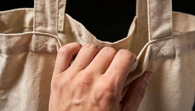 Hand holding canvas tote closeup showing natural cotton texture and stitched handle detail
