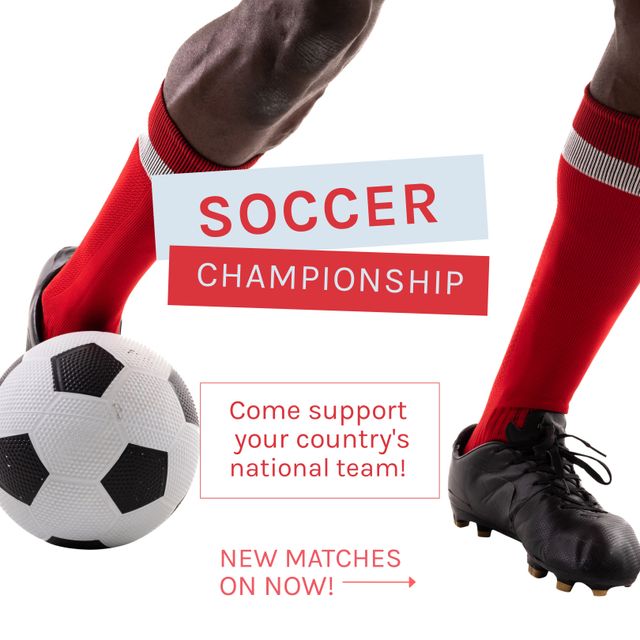 Composite of soccer championship and new matches on now text and low section of player kicking ball. African american, come support your country's national team, football, sport and competition.