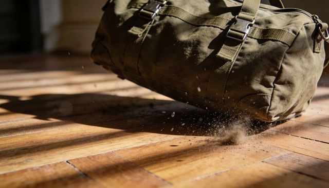 Weathered canvas duffel bag kicking dust on sunlit parquet floor with dramatic shadows
