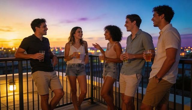 Friends enjoying rooftop sunset drinks and city skyline in casual denim summer style