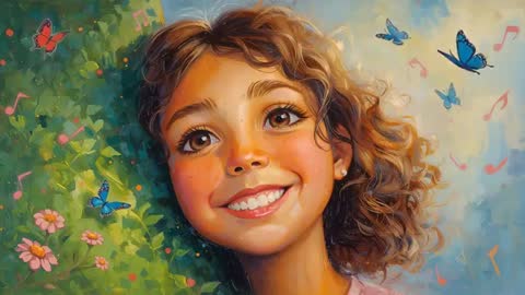 Smiling girl gazing upward in sunlit garden with butterflies and floating musical notes
