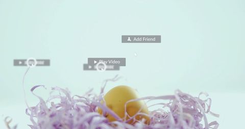 Yellow egg resting in lavender paper nest on mint background with social ui overlay