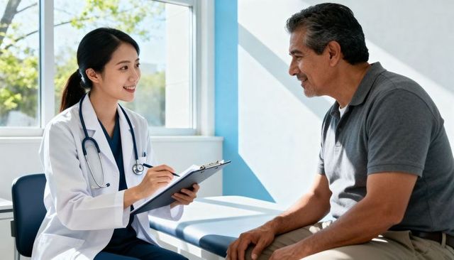 Female clinician consulting smiling mature male patient while taking notes on clipboard