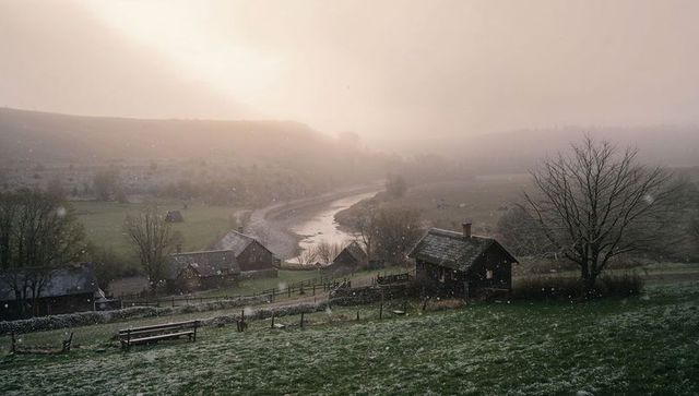 Backlit winter valley with riverside wooden cottages, light snow and tranquil sunrise