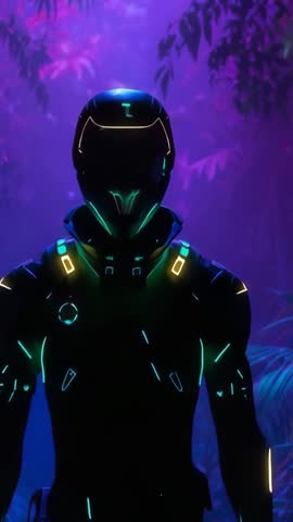 Armored Scout Exploring Neon Jungle Pulsing Neon Tracers Futuristic Vertical Sci-Fi