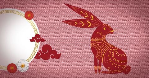 Elegant Red Rabbit and Circular Motif on Ornate Patterned Background