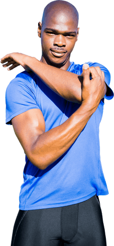 Smiling african american man stretching on transparent background
