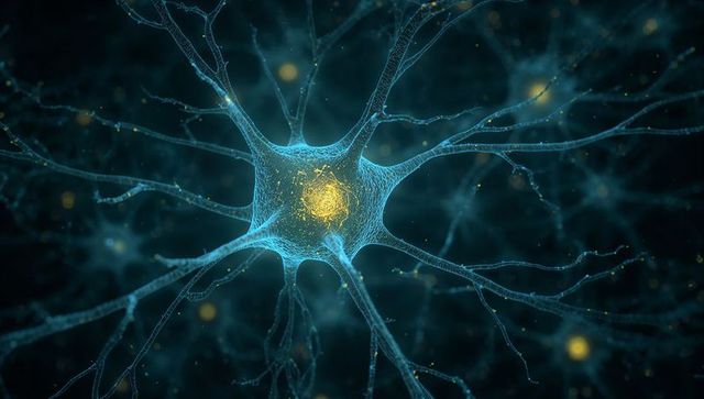 Neuron Cell with Glowing Nucleus and Dendrites in Neural Network