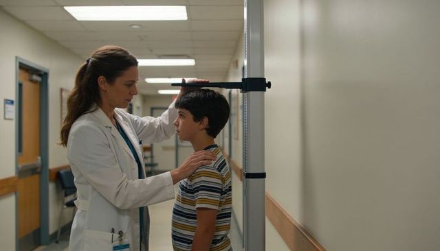 Pediatric clinician measuring boy height at stadiometer in clinic hallway, adjusting headpiece