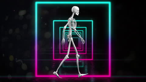 Illuminated Neon Squares with Walking Skeleton Animation