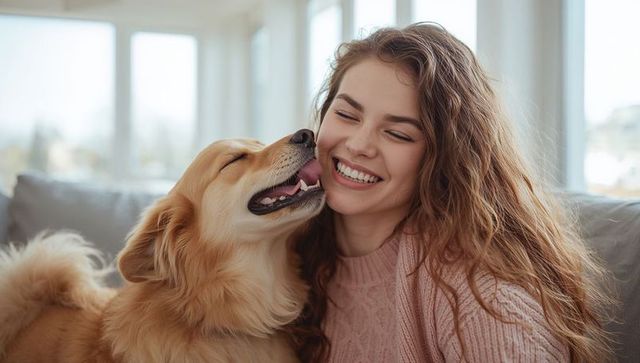 Smiling woman cuddling golden dog on sunlit couch, cozy pet affection and warm bond