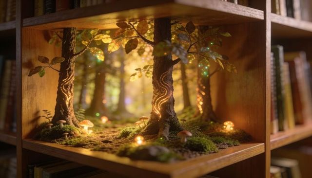 Miniature enchanted forest diorama glowing in wooden bookcase shelf bioluminescent trees