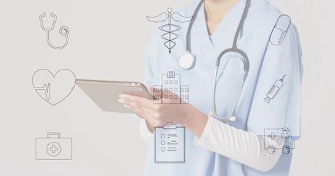 Nurse in Scrubs Using Tablet with Healthcare Icons