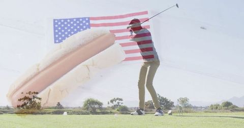 Golfer Swinging with Americana Elements Merged Creative Concept