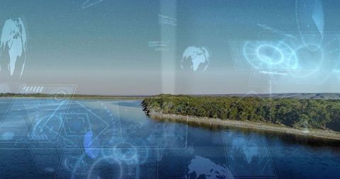 Aerial coastline showing holographic HUD overlays over calm estuary and wooded peninsula
