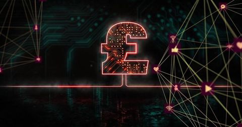 Digital Pound Symbol with Futuristic Network and Technology Nodes