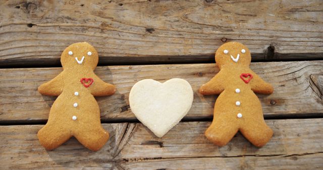 Two gingerbread cookies decorated with smiling faces and heart shapes on their bodies flank a white heart-shaped cookie against a rustic wooden table. These festive treats evoke feelings of warmth and happiness, perfect for Christmas or holiday themed projects. Ideal for use in holiday food blogs, festive recipe books, seasonal advertisement banners, and family event invitations.