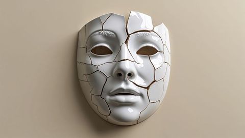 Cracked white porcelain mask – symbol of fragility and contemporary art