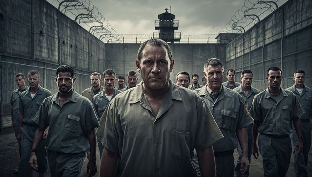 Inmates in Uniform Marching Across Gritty Prison Yard with Watchtower