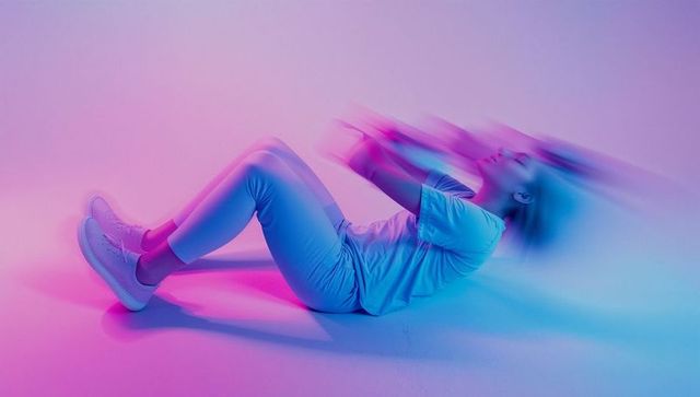Woman Performing Sit-Up with Motion Blur in Pastel Studio Lighting