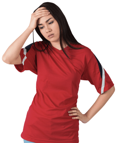 Disappointed football fan in red jersey holding head transparent