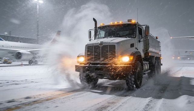 Airport snowplow truck plowing night apron, kicking snow and slush, amber beacons