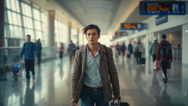 Male Traveler Walking Through Busy Airport Concourse