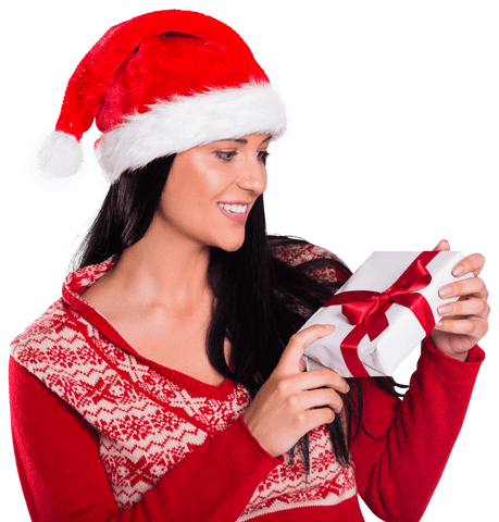 Festive brunette unwrapping bowed gift transparent background