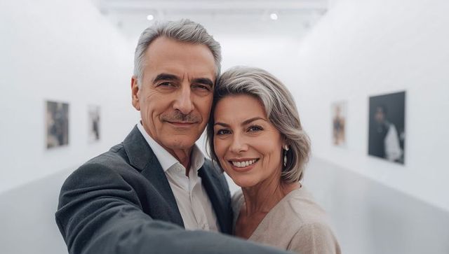 Smiling senior couple taking selfie in bright minimalist art gallery, mature portrait