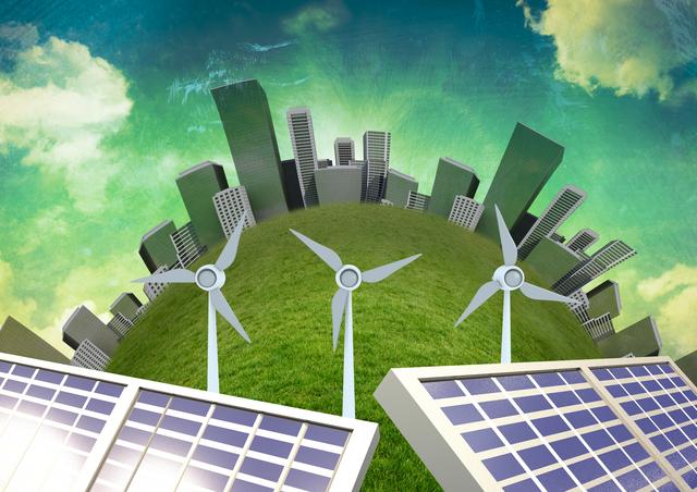 Illustration of wind turbines and solar panels in front of a modern cityscape. Ideal for use in articles, presentations, and websites focused on renewable energy, sustainability, and environmental conservation. Perfect for promoting green energy solutions and eco-friendly urban planning.