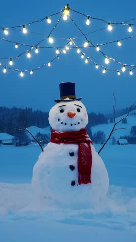 Dusk Vertical Video of Snowman Standing Under Twinkling String Lights in Snowy Field