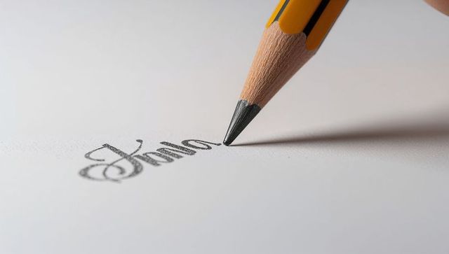 Sharp yellow pencil creating elegant cursive graphite lettering on white paper closeup